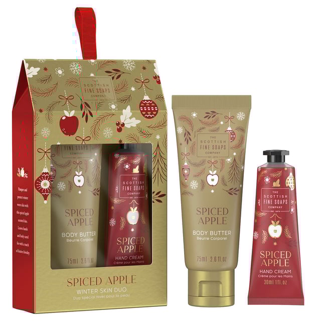 Indulge your skin this winter with the Scottish Fine Soaps Company Spiced Apple Winter Skin Care Duo. This luxurious set features a 30ml Spiced Apple Hand Cream and a 75ml Spiced Apple Body Butter, designed to deeply nourish and hydrate your skin during the cold months. Enjoy the delightful scent of spiced apples while keeping your skin soft and supple. Treat yourself or gift this perfect duo to someone special for a cozy winter skincare experience.