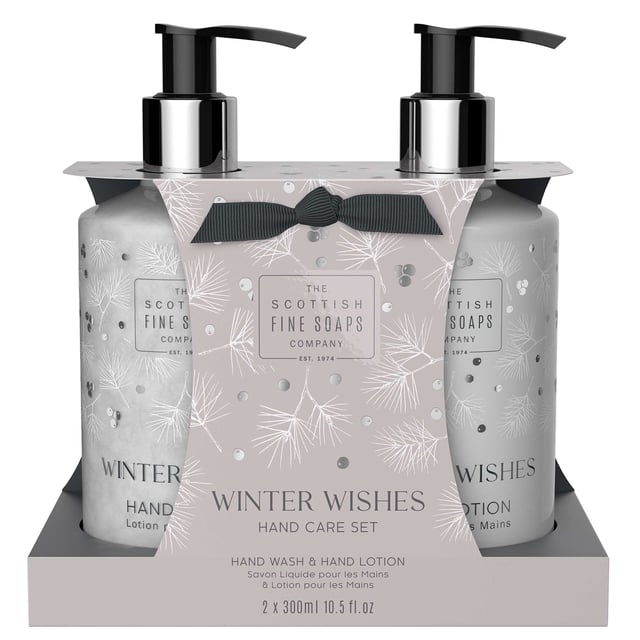 Pamper your hands with the Scottish Fine Soaps Company Winter Wishes Hand Care Set. This luxurious set includes a 300ml Hand Wash and a 300ml Hand Lotion, beautifully packaged in an elegant card caddy. Infused with a delightful blend of warming spices, this hand care duo not only cleanses but also deeply hydrates your skin, leaving your hands feeling soft and smelling enchanting. Perfect as a gift or a treat for yourself, this hand care set is a must-have for the winter season.