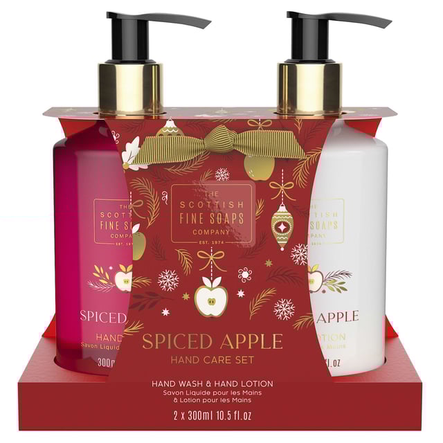 Indulge your hands with the Scottish Fine Soaps Company Spiced Apple Hand Care Set, featuring a luxurious 300ml Hand Wash and a 300ml Hand Lotion. This captivating duo is elegantly packaged in a charming card caddy, making it a perfect gift for yourself or a loved one. Infused with the comforting aroma of freshly baked apple pie and warm spices, this hand care set cleanses and hydrates your skin while leaving a delightful scent. Treat your hands to a spa-like experience every day.