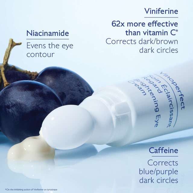 Revitalize your eyes with Caudalie Vinoperfect Brightening Eye Cream, formulated to diminish dark circles and enhance radiance. This cream features 97% naturally derived ingredients, including caffeine and Viniferine™, a vitamin C alternative. The ceramic tip applicator provides a soothing effect and helps reduce puffiness. Enjoy visibly brighter eyes with regular use. Key benefits include a fragrance-free formula and vegan ingredients. Experience the difference with Caudalie, a brand committed to environmental sustainability.