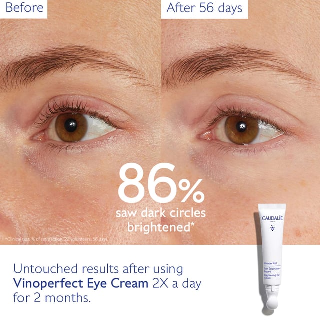 Revitalize your eyes with Caudalie Vinoperfect Brightening Eye Cream, formulated to diminish dark circles and enhance radiance. This cream features 97% naturally derived ingredients, including caffeine and Viniferine™, a vitamin C alternative. The ceramic tip applicator provides a soothing effect and helps reduce puffiness. Enjoy visibly brighter eyes with regular use. Key benefits include a fragrance-free formula and vegan ingredients. Experience the difference with Caudalie, a brand committed to environmental sustainability.