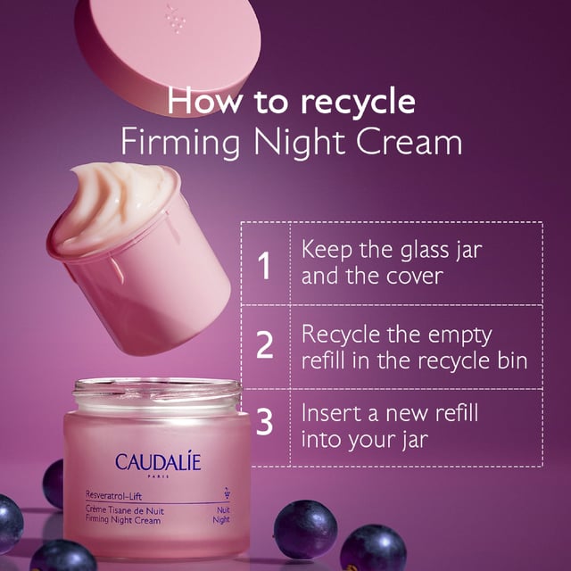 Transform your skincare routine with Caudalie Resveratrol-Lift Night Cream Refill, an anti-aging cream that firms, lifts, and hydrates. Infused with Vegan Collagen, resveratrol, and micro hyaluronic acid, this lightweight cream helps reveal a youthful complexion. Clinical trials show that 95% of women saw firmer skin after 56 days. Suitable for all skin types, this vegan cream contains 97% natural ingredients. Join Caudalie’s sustainability efforts; they have planted over 8 million trees since 2012. Apply morning and night for best results.