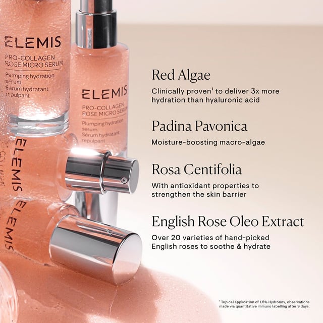 Discover the ELEMIS Pro-Collagen Rose Micro Serum, a luxurious dual-phase serum designed to provide intense hydration and rejuvenation for your skin. This innovative formula features over 7,000 rose micro droplets, delivering skin-quenching actives in the serum phase while the oil phase soothes and nourishes. Infused with clinically proven Red Algae, this serum offers three times more hydration than hyaluronic acid, alongside antioxidant-rich Rose Centifolia extract to enhance your skin’s barrier. Experience visibly plumper, firmer skin and reduction in fine lines and wrinkles in just 14 days. For optimal results, apply 1 to 2 pumps to dry, cleansed skin morning and evening. ELEMIS is committed to sustainability, sourcing all natural ingredients responsibly to protect our planet.