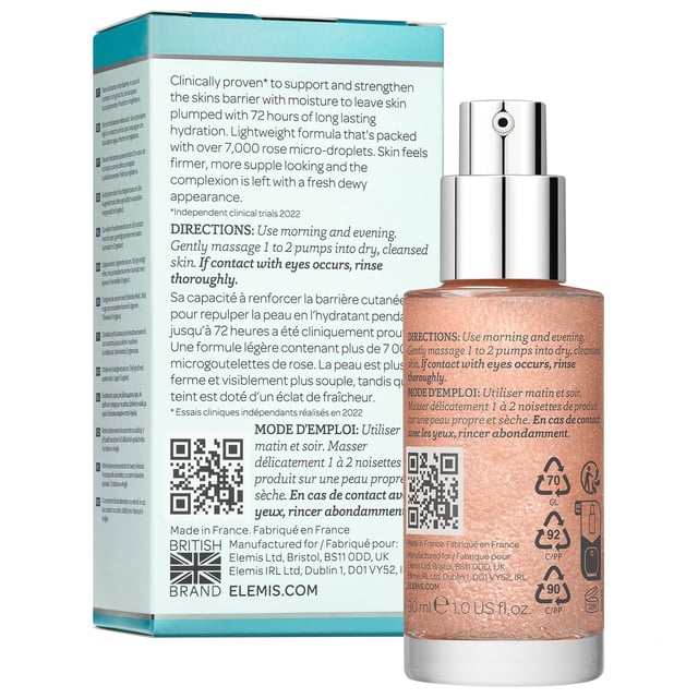 Discover the ELEMIS Pro-Collagen Rose Micro Serum, a luxurious dual-phase serum designed to provide intense hydration and rejuvenation for your skin. This innovative formula features over 7,000 rose micro droplets, delivering skin-quenching actives in the serum phase while the oil phase soothes and nourishes. Infused with clinically proven Red Algae, this serum offers three times more hydration than hyaluronic acid, alongside antioxidant-rich Rose Centifolia extract to enhance your skin’s barrier. Experience visibly plumper, firmer skin and reduction in fine lines and wrinkles in just 14 days. For optimal results, apply 1 to 2 pumps to dry, cleansed skin morning and evening. ELEMIS is committed to sustainability, sourcing all natural ingredients responsibly to protect our planet.