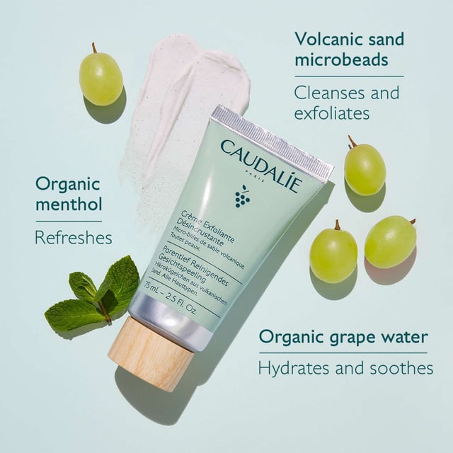 Experience the transformative power of Caudalie Vinoclean Deep Cleansing Exfoliator, designed to cleanse, exfoliate, and purify your skin. This exceptional formula features 98% natural origin ingredients, including organic grape water, refreshing menthol, and gentle volcanic sand microbeads to effectively buff away dead skin cells. Suitable for all skin types, including sensitive skin, this vegan exfoliator is free from sulphates and parabens. Enjoy a subtle scent of grapefruit, mint, and sweet orange. For best results, use once or twice a week, or mix with your cleanser.