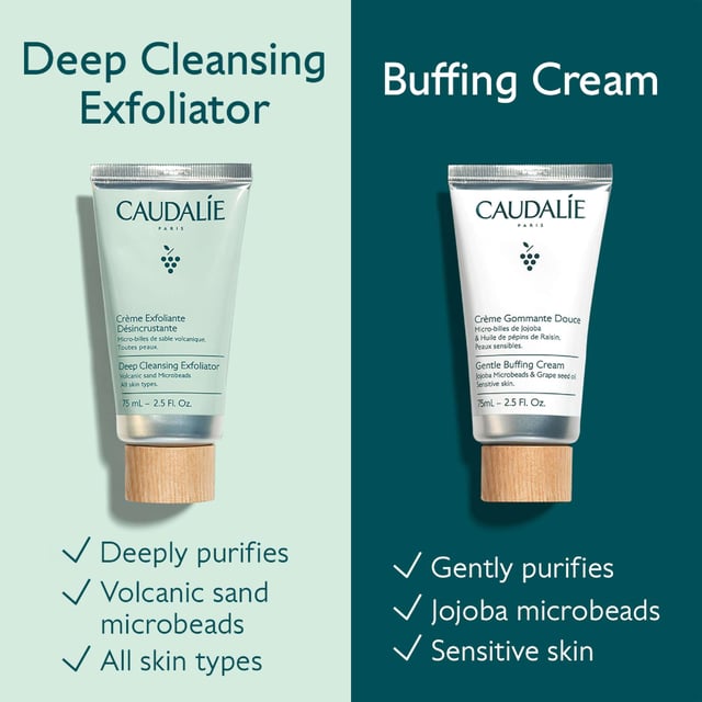 Experience the transformative power of Caudalie Vinoclean Deep Cleansing Exfoliator, designed to cleanse, exfoliate, and purify your skin. This exceptional formula features 98% natural origin ingredients, including organic grape water, refreshing menthol, and gentle volcanic sand microbeads to effectively buff away dead skin cells. Suitable for all skin types, including sensitive skin, this vegan exfoliator is free from sulphates and parabens. Enjoy a subtle scent of grapefruit, mint, and sweet orange. For best results, use once or twice a week, or mix with your cleanser.