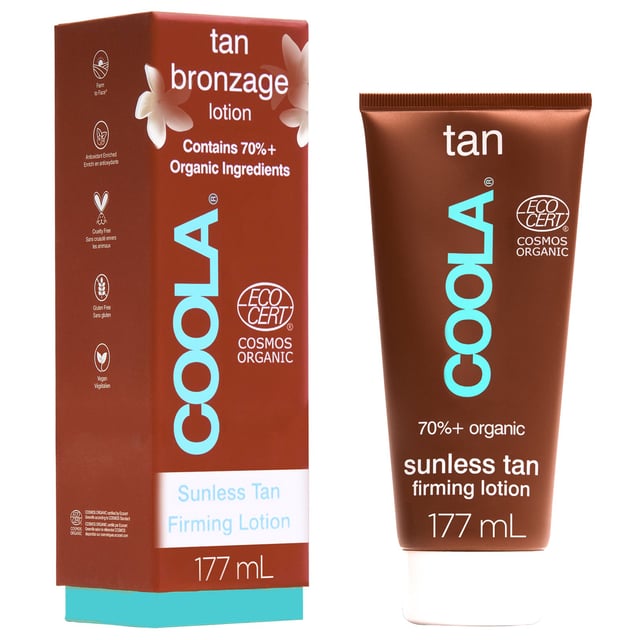 Achieve a radiant, sun-kissed glow with Coola's Body Care Sunless Tan Firming Lotion. This organic self-tanner provides a beautiful golden hue while nourishing and hydrating your skin with 99% natural ingredients. Infused with a delightful pina colada fragrance, this streak-free and transfer-resistant formula builds a gradual tan over several days. Enriched with moisturizing shea butter and caffeine, it helps your skin appear firmer and smoother. For best results, apply a quarter-sized amount, massage evenly, and let it develop for 2-4 hours before showering.