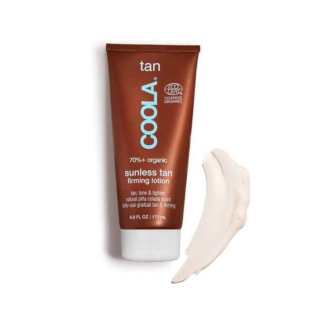 Achieve a radiant, sun-kissed glow with Coola's Body Care Sunless Tan Firming Lotion. This organic self-tanner provides a beautiful golden hue while nourishing and hydrating your skin with 99% natural ingredients. Infused with a delightful pina colada fragrance, this streak-free and transfer-resistant formula builds a gradual tan over several days. Enriched with moisturizing shea butter and caffeine, it helps your skin appear firmer and smoother. For best results, apply a quarter-sized amount, massage evenly, and let it develop for 2-4 hours before showering.