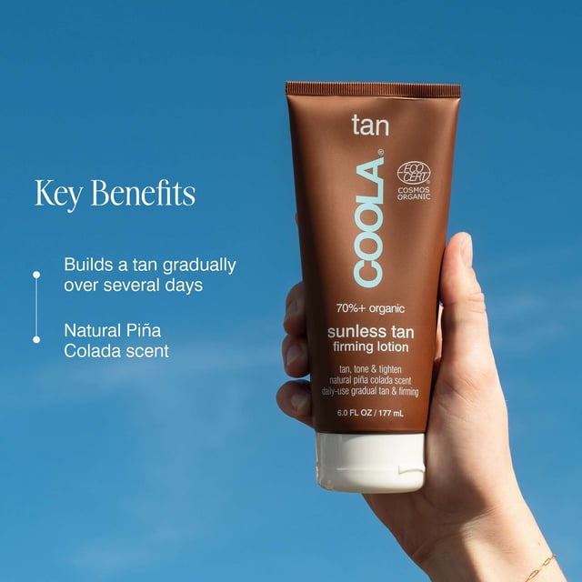 Achieve a radiant, sun-kissed glow with Coola's Body Care Sunless Tan Firming Lotion. This organic self-tanner provides a beautiful golden hue while nourishing and hydrating your skin with 99% natural ingredients. Infused with a delightful pina colada fragrance, this streak-free and transfer-resistant formula builds a gradual tan over several days. Enriched with moisturizing shea butter and caffeine, it helps your skin appear firmer and smoother. For best results, apply a quarter-sized amount, massage evenly, and let it develop for 2-4 hours before showering.