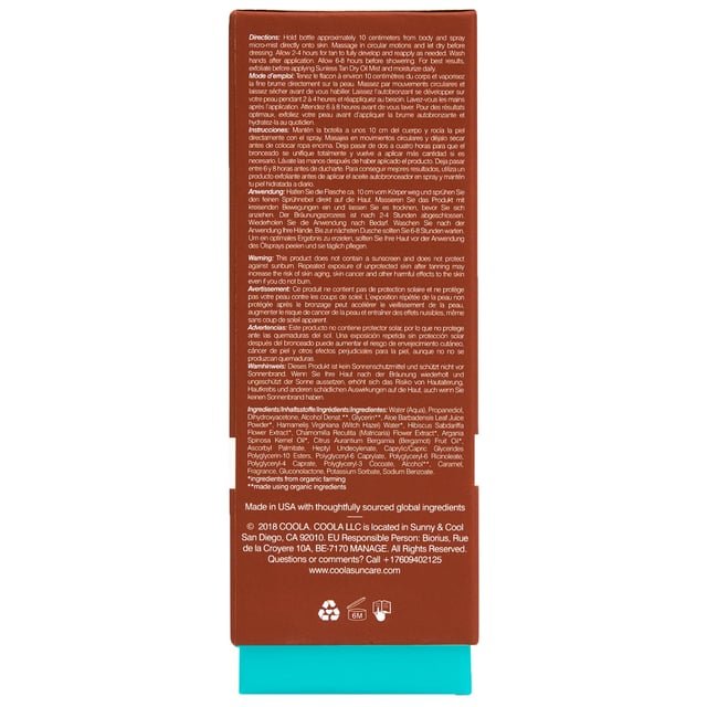 Achieve a beautiful, sun-kissed glow all year round with the COOLA Sunless Tan Dry Oil Mist. This self-tanning solution is crafted with certified organic ingredients, making it perfect for all skin types, including sensitive skin. Infused with hydrating organic Aloe Vera, it delivers moisture while natural tanning actives provide a stunning color. Antioxidants help protect your skin, ensuring a radiant, gradual tan that lasts up to three days. Enjoy the delightful tropical scent of coconut and pineapple as you apply. For best results, hold the sprayer 2-4 inches away, apply liberally, and rub gently in circular motions. Allow the tan to develop for 6-8 hours before showering, and remember to exfoliate beforehand for an even finish.