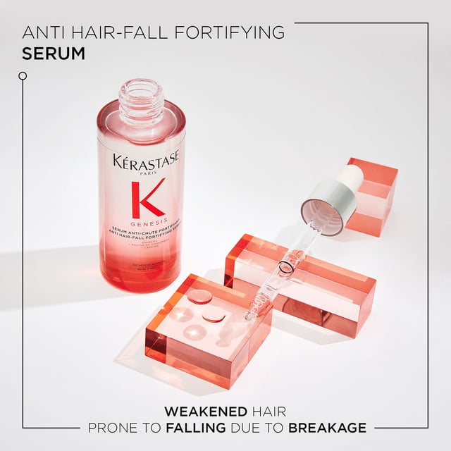 Revitalize your hair with Kérastase Genesis Anti-Hair Fall Fortifying Serum, formulated for weakened hair prone to falling. This nourishing serum features Edelweiss Native Cells, Ginger Root, and Aminexil to enhance fiber resistance and reduce hair fall. For best results, apply 4 doses to a towel-dried scalp once daily for 6 weeks. Kérastase is committed to sustainability, using recycled materials and achieving carbon neutrality in production since 2019. Care for your hair and the planet with Kérastase.