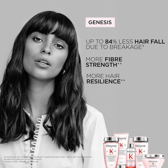 Revitalize your hair with Kérastase Genesis Anti-Hair Fall Fortifying Serum, formulated for weakened hair prone to falling. This nourishing serum features Edelweiss Native Cells, Ginger Root, and Aminexil to enhance fiber resistance and reduce hair fall. For best results, apply 4 doses to a towel-dried scalp once daily for 6 weeks. Kérastase is committed to sustainability, using recycled materials and achieving carbon neutrality in production since 2019. Care for your hair and the planet with Kérastase.