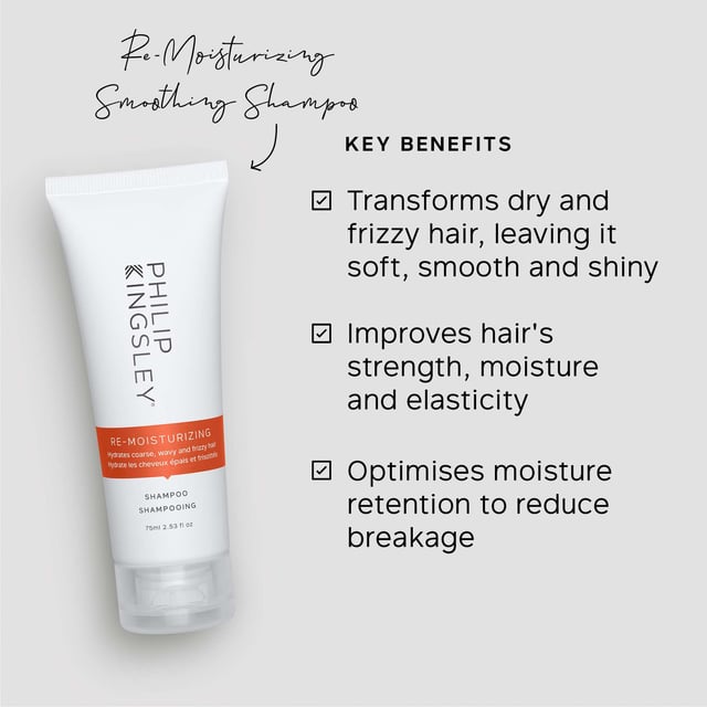 Transform your haircare routine with the Philip Kingsley Jet Set Smooth and Shiny Set, specifically designed for on-the-go hair care. This essential trio is perfect for managing curly, frizzy hair, ensuring your locks are softened, smoothed, and shining bright. Each product works in harmony to reduce frizz, deeply condition, and eliminate bad hair days. The set includes: 1. Philip Kingsley Re-Moisturizing Shampoo (75ml) - Cleanses and boosts hydration, making hair manageable. 2. Philip Kingsley Re-Moisturizing Conditioner (75ml) - Seals cuticles and enhances shine. 3. Philip Kingsley Elasticizer (75ml) - An award-winning pre-shampoo mask that nourishes and strengthens all hair types. Perfect for beginners or anyone looking to elevate their hair care game. Eco-friendly packaging made from renewable and recycled materials.