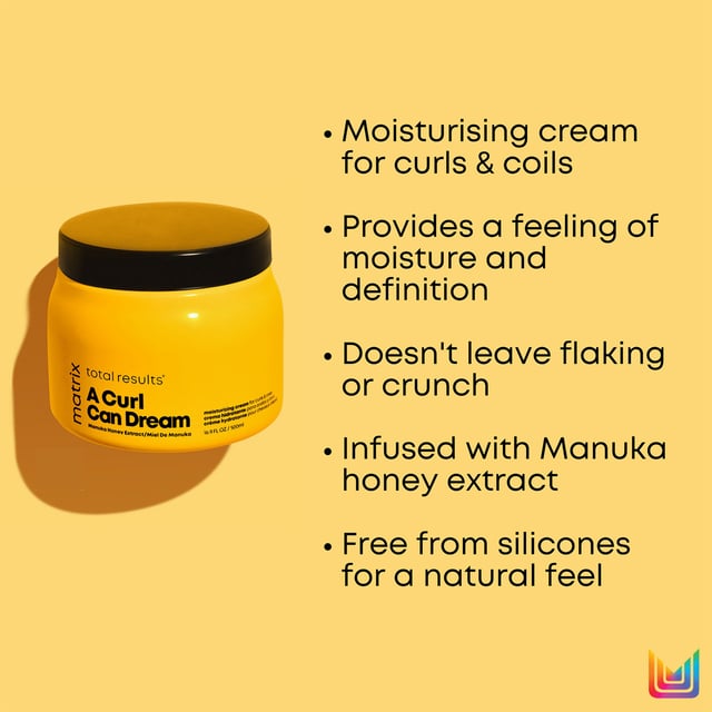 Discover the ultimate hydration for your curls with Matrix A Curl Can Dream Moisturizing Cream. Formulated for curly and coily hair, this leave-in cream is infused with Manuka honey extract for exceptional moisture and curl definition without flaking. Key benefits include deep hydration and easy application. Apply to soaking wet hair after shampooing, adjusting the amount based on curl density. Scrunch curls and pair with Light Hold Gel for lasting definition. Let air dry or use a diffuser for beautifully defined curls.