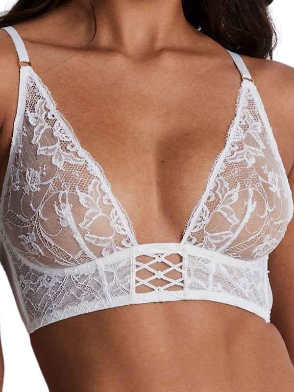 Aubade Kiss Of Love Triangle Bralette. Plunge non-wired bralette with lacey soft cups and matching briefs avaible. The product is hand-wash only.