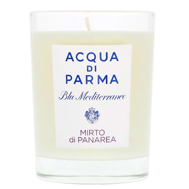 Acqua Di Parma Blu Mediterraneo Mirto Di Panarea Candle - 200g Luxury Home Fragrance Experience the essence of the Mediterranean with the Acqua Di Parma Blu Mediterraneo Mirto Di Panarea Candle. Launched in 2008, this luxurious candle features an enchanting aromatic fragrance that opens with invigorating top notes of Myrtle, Basil, Lemon, and Bergamot. The heart reveals a beautiful blend of Rose, Jasmine, and a refreshing marine breeze, while the base notes of Lentisc Absolute, Juniper, Cedarwood, and Amber create a warm, inviting ambiance. With a generous burn time of up to 50 hours, this candle is perfect for transforming your home into a serene oasis.