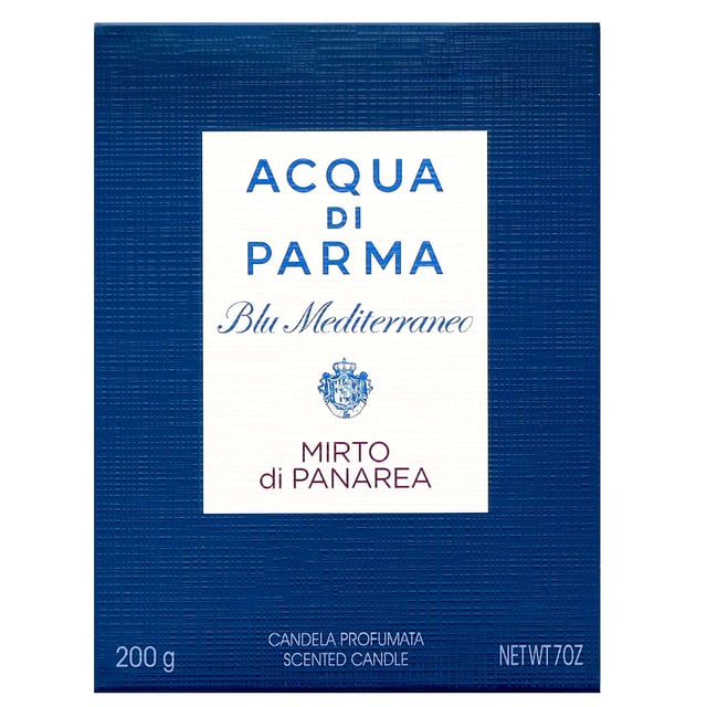 Acqua Di Parma Blu Mediterraneo Mirto Di Panarea Candle - 200g Luxury Home Fragrance Experience the essence of the Mediterranean with the Acqua Di Parma Blu Mediterraneo Mirto Di Panarea Candle. Launched in 2008, this luxurious candle features an enchanting aromatic fragrance that opens with invigorating top notes of Myrtle, Basil, Lemon, and Bergamot. The heart reveals a beautiful blend of Rose, Jasmine, and a refreshing marine breeze, while the base notes of Lentisc Absolute, Juniper, Cedarwood, and Amber create a warm, inviting ambiance. With a generous burn time of up to 50 hours, this candle is perfect for transforming your home into a serene oasis.