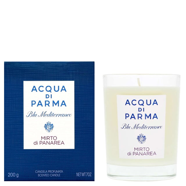 Acqua Di Parma Blu Mediterraneo Mirto Di Panarea Candle - 200g Luxury Home Fragrance Experience the essence of the Mediterranean with the Acqua Di Parma Blu Mediterraneo Mirto Di Panarea Candle. Launched in 2008, this luxurious candle features an enchanting aromatic fragrance that opens with invigorating top notes of Myrtle, Basil, Lemon, and Bergamot. The heart reveals a beautiful blend of Rose, Jasmine, and a refreshing marine breeze, while the base notes of Lentisc Absolute, Juniper, Cedarwood, and Amber create a warm, inviting ambiance. With a generous burn time of up to 50 hours, this candle is perfect for transforming your home into a serene oasis.