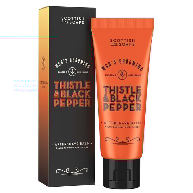 Experience the essence of Scotland with our Thistle & Black Pepper Aftershave Balm by Scottish Fine Soaps. This luxurious balm is infused with cooling menthol and soothing milk thistle extract to protect and nourish your skin after shaving. The unique blend features a rich and woody amber fragrance, complemented by refreshing notes of citrus, herbs, and sea buckthorn. Perfect for the modern man, this balm absorbs quickly, leaving your skin feeling revitalized and hydrated. To use, apply a small amount after shaving and gently pat into the skin for optimal absorption.