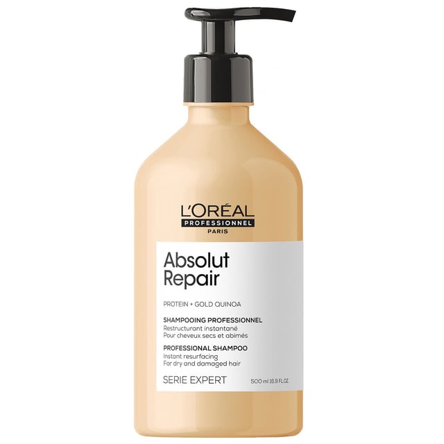 Revitalize your hair with L'Oréal Professionnel SERIE EXPERT Absolut Repair Shampoo, specially formulated for damaged hair. This powerful shampoo resurfaces and seals hair cuticles, locking in essential moisture and nutrients for optimal hydration. Experience a remarkable 77% reduction in surface damage and enjoy hair that is 7 times shinier. The lightweight formula cleanses effectively while making your hair softer and easier to manage. For best results, apply to wet hair, lather, and rinse thoroughly. Follow up with Absolut Repair Conditioner or Mask for enhanced care.