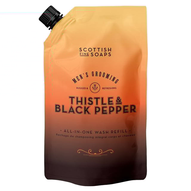 Experience the invigorating essence of Scotland with the Scottish Fine Soaps Thistle & Black Pepper All-In-One Wash Refill. This luxurious formula is enriched with hydrating magnesium, purifying oat extract, and soothing panthenol to nourish your skin and hair. The extra-large pouch provides nearly 2.5 refills for your 500ml bottle, making it a practical choice for daily use. Enjoy the rich, woody aroma of amber, complemented by refreshing citrus and herbal notes. Simply lather over wet skin and hair, then rinse with warm water for a rejuvenating cleanse.