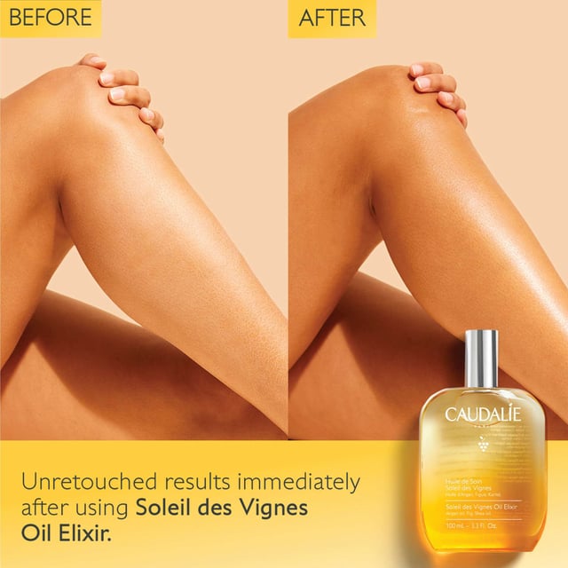 Experience the essence of summer with Caudalie Soleil des Vignes Nourishing Body Oil Elixir. This luxurious body oil features a captivating sun-inspired fragrance that envelops your senses. Infused with a blend of nourishing oils, including Argan, Shea, and cold-pressed grape seed oil, it delivers deep hydration and revitalizes your skin. The enchanting aroma of coconut milk and orange blossom enhances your sensory experience, while the rich yet lightweight formula absorbs quickly without leaving a greasy residue. Ideal for use on body, hair, and décolleté, this versatile elixir ensures a radiant glow for all skin types. Embrace the summer spirit and indulge in this exquisite treatment. Apply generously on dry skin after showering, or use on damp hair for a weekly rejuvenating treatment. Caudalie is committed to sustainability, contributing 1% of its turnover to environmental protection initiatives. Join us in making a difference.