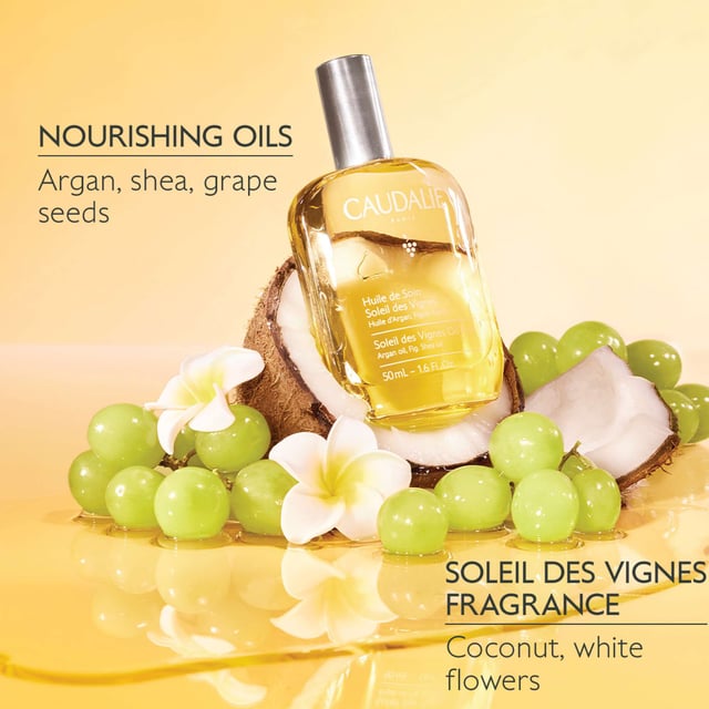 Experience the essence of summer with Caudalie Soleil des Vignes Nourishing Body Oil Elixir. This luxurious body oil features a captivating sun-inspired fragrance that envelops your senses. Infused with a blend of nourishing oils, including Argan, Shea, and cold-pressed grape seed oil, it delivers deep hydration and revitalizes your skin. The enchanting aroma of coconut milk and orange blossom enhances your sensory experience, while the rich yet lightweight formula absorbs quickly without leaving a greasy residue. Ideal for use on body, hair, and décolleté, this versatile elixir ensures a radiant glow for all skin types. Embrace the summer spirit and indulge in this exquisite treatment. Apply generously on dry skin after showering, or use on damp hair for a weekly rejuvenating treatment. Caudalie is committed to sustainability, contributing 1% of its turnover to environmental protection initiatives. Join us in making a difference.