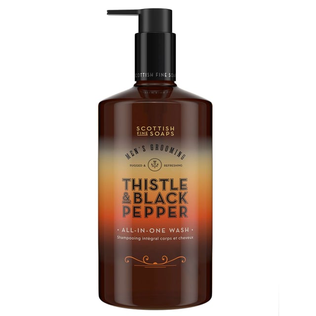Discover the invigorating freshness of the Scottish Fine Soaps Company Thistle & Black Pepper All-In-One Wash. This versatile formula combines hydrating magnesium, purifying oat extract, and skin-soothing panthenol to cleanse both skin and hair. The unique blend features the enriching properties of Milk Thistle extract, delivering a rich, woody amber fragrance infused with zesty citrus, aromatic herbs, and vibrant sea buckthorn. Perfect for your daily routine, simply lather over wet skin and hair before rinsing with warm water for a refreshing cleanse.