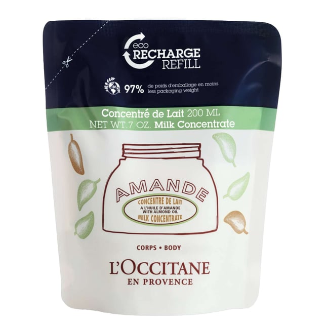 Discover the luxurious L'OCCITANE Almond Milk Concentrate Eco Refill, designed to nourish your skin with almond extracts. This creamy concentrate melts into the skin, providing 48 hours of hydration while promoting a firmer appearance. The eco-friendly refill reduces plastic waste by 97%. Ideal for daily use, warm a small amount in your hands and massage into your skin.