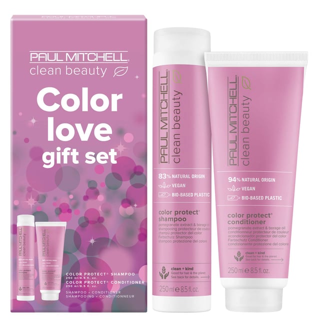 Discover the Paul Mitchell Color Love Gift Set, designed for vibrant, beautiful hair. This set includes:

- Paul Mitchell Clean Beauty Color Protect Shampoo (250ml): This gentle shampoo cleanses your hair while protecting its color. Infused with antioxidant-rich pomegranate extract, it helps prevent color fade caused by environmental factors and free radicals. Borage oil works to visibly reduce damage while restoring shine and radiance. Sulphate-free and vegan-friendly, it’s perfect for maintaining your hair’s health.

- Paul Mitchell Clean Beauty Color Protect Conditioner (250ml): This nourishing conditioner replenishes and conditions color-treated hair, extending color vibrancy. Also infused with pomegranate extract and borage oil, it softens hair, enhances manageability, and boosts shine. For optimal results, pair with the Clean Beauty Color Protect Leave-In Treatment. 

Elevate your hair care routine with this luxurious gift set!
