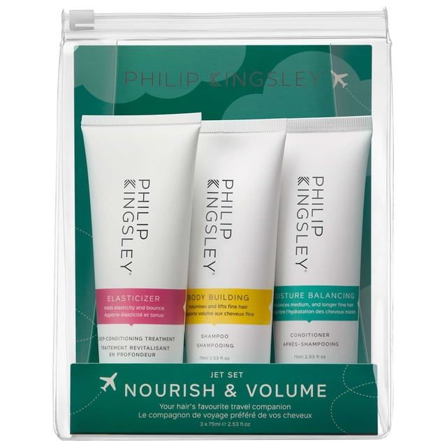 Elevate your hair care routine with the Philip Kingsley Nourish & Volume Jet Set, designed for beautiful hair on-the-go. This three-step system adds body, detangles, and enhances shine without weighing your hair down. Perfect for limp, heat-styled, or color-treated hair, this set includes:

- **Body Building Shampoo (75ml)**: Created by Philip Kingsley’s Trichologists, this weightless shampoo provides volume, bounce, and shine to fine hair, leaving it looking fuller and thicker.
- **Moisture Balancing Conditioner (75ml)**: This innovative conditioner hydrates and nourishes mid-lengths and ends, making hair smooth and manageable.
- **Elasticizer (75ml)**: A multi-award-winning pre-shampoo treatment that deeply nourishes all hair types, enhancing elasticity and shine.

Crafted with eco-friendly packaging, this set is not only perfect for beginners but also a great gift for anyone seeking luscious, healthy hair. Enjoy salon-quality results wherever you are!