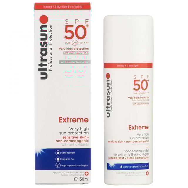 Ultrasun Extreme SPF50+ Sun Protection for Sensitive Skin Experience ultimate sun protection with Ultrasun Extreme SPF50+, formulated for sensitive skin. This advanced, photo-stable sunscreen provides robust defense against UVA, UVB, and Infrared A rays. Enriched with antioxidants and Vitamins E and B5, it hydrates your skin while ensuring long-lasting protection. Its non-greasy formula absorbs quickly and is recommended by dermatologists to prevent prickly heat and sun allergies. Safe for babies, vegan, and cruelty-free. Apply to clean, dry skin 15 minutes before sun exposure. Ideal for face and body.