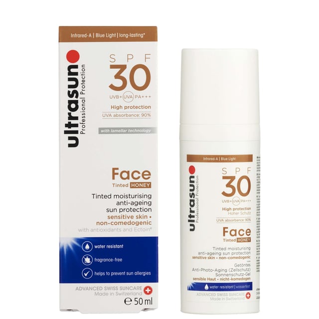 Experience the ultimate sun protection with Ultrasun Tinted Anti-Ageing Face Cream SPF30 in Honey. This lightweight formula shields your skin from UVA, UVB, and Infrared-A rays, while also providing blue light protection. Infused with a hint of color, it blends seamlessly into all skin tones, leaving your complexion smooth and radiant. Ideal for daily use, this non-greasy, fast-absorbing moisturizer is suitable for sensitive skin. Vegan-friendly, cruelty-free, and safe for pregnancy, apply 15 minutes before sun exposure as part of your skincare routine.