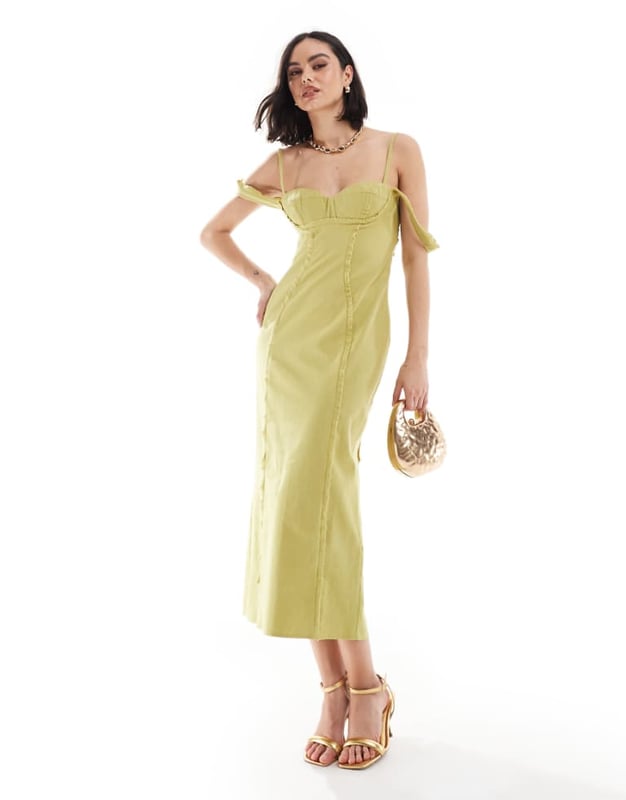 green emerald velvet dress Asos Design Ruched Bandeau Washed Satin Maxi Dress With Tie Detail In Green