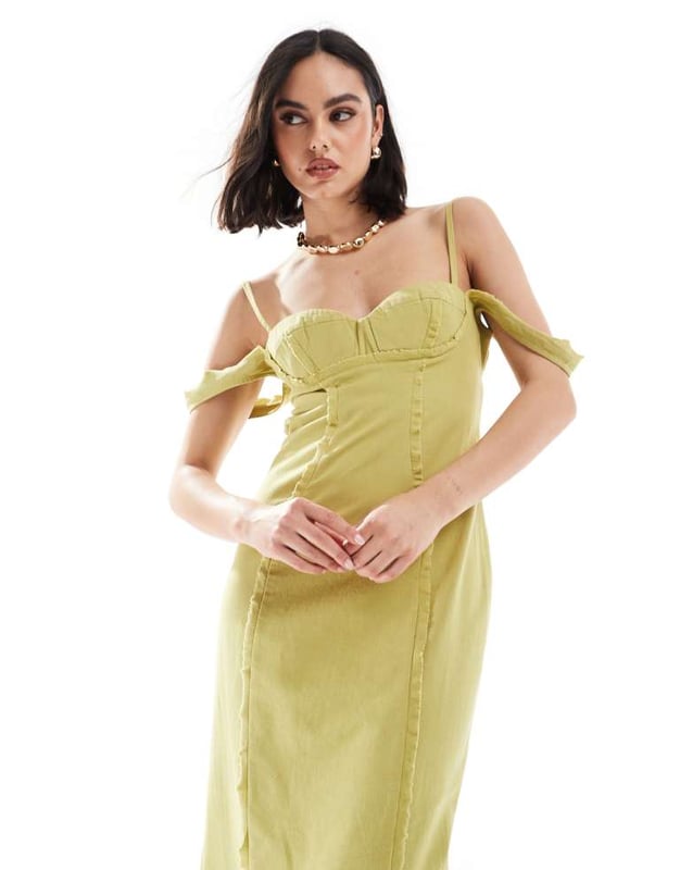 slim fit dress slacks Rent Asos Design Ruched Bandeau Washed Satin Maxi Dress With Tie Detail In  Green main image 0