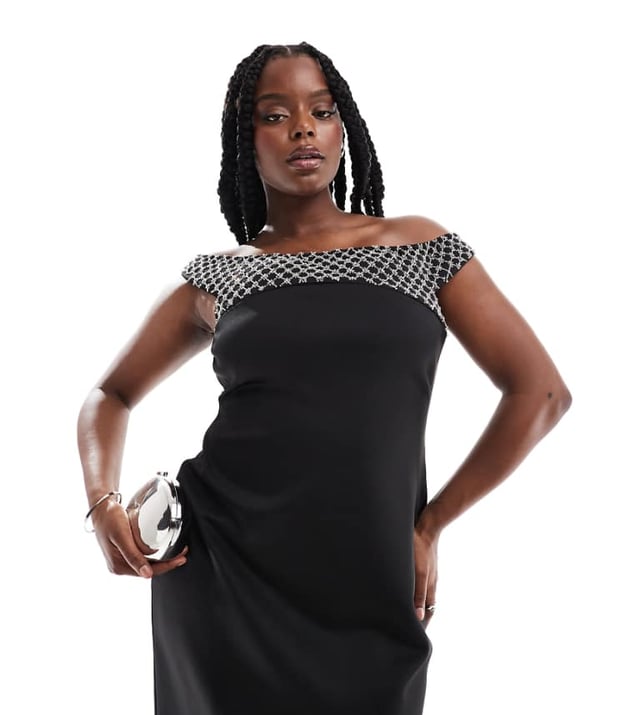 Dresses by ASOS Curve Occasions made easy Bardot neck Bead embellishment Kick split Regular fitSold By: Asos