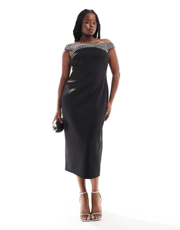 Dresses by ASOS Curve Occasions made easy Bardot neck Bead embellishment Kick split Regular fitSold By: Asos