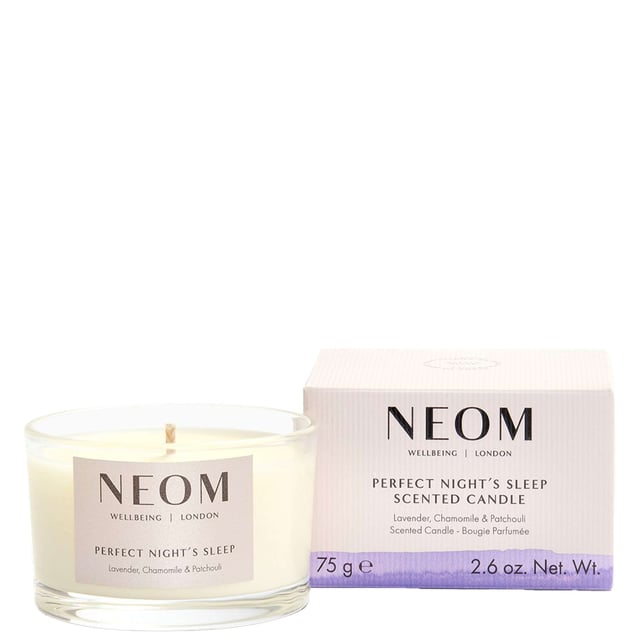 Neom Wellbeing London Scent to Sleep Candle - Perfect Night's Sleep Travel Size 75g Experience the calming power of Neom Wellbeing London’s Scent to Sleep Candle, designed to promote restful sleep. This travel-sized candle features a blend of 19 pure essential oils, including lavender, chamomile, and patchouli. Hand-poured with natural vegetable wax, it transforms your space into a tranquil retreat. Ideal for small rooms or on-the-go relaxation, it offers up to 20 hours of burn time. Light this candle for a minimum of 2 hours to enjoy its soothing benefits. Neom is a Certified B Corporation, committed to high social and environmental standards.