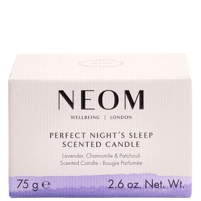 Neom Wellbeing London Scent to Sleep Candle - Perfect Night's Sleep Travel Size 75g Experience the calming power of Neom Wellbeing London’s Scent to Sleep Candle, designed to promote restful sleep. This travel-sized candle features a blend of 19 pure essential oils, including lavender, chamomile, and patchouli. Hand-poured with natural vegetable wax, it transforms your space into a tranquil retreat. Ideal for small rooms or on-the-go relaxation, it offers up to 20 hours of burn time. Light this candle for a minimum of 2 hours to enjoy its soothing benefits. Neom is a Certified B Corporation, committed to high social and environmental standards.