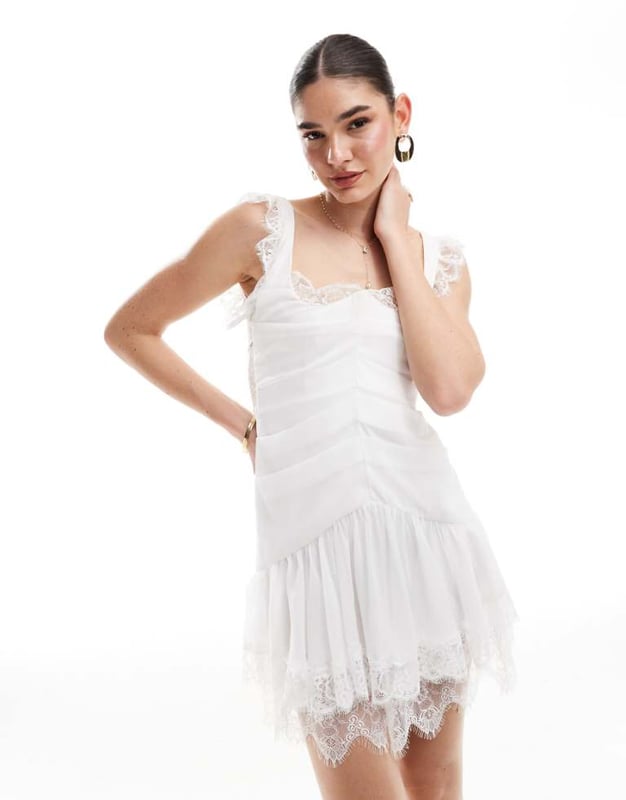 chinese dress ladies Asos Design Lace Mini Dress With Ruffle Sleeve Detail And Contrast Trims In  Blue