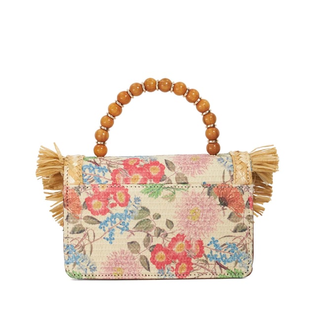 Update your summer style with Blooms. Available in boucle and denim this foldover profile features sparkling jewel embellished flowers and our signature turn lock closure. This woven style features a removable cross body strap, and a striking beaded top handle offers the final touch of distinction.