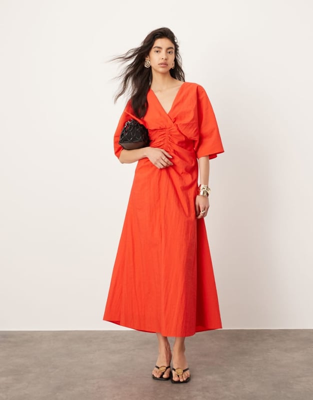 Dresses by ASOS EDITION No need to keep scrolling Plain design V-neck Flared sleeves Ruched waisy Cut-out back Tie-back fastening Regular fitSold By: Asos