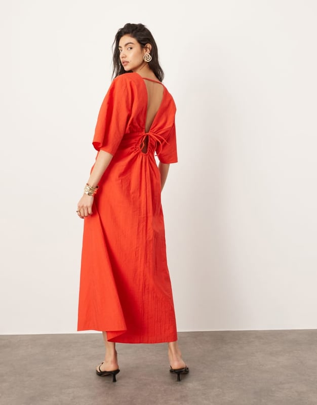 Dresses by ASOS EDITION No need to keep scrolling Plain design V-neck Flared sleeves Ruched waisy Cut-out back Tie-back fastening Regular fitSold By: Asos