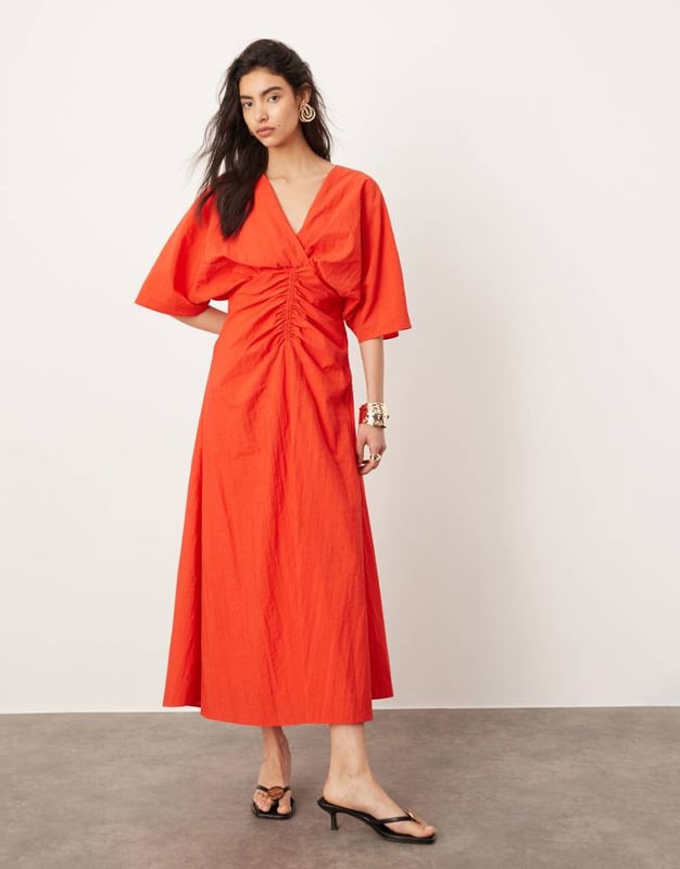 Dresses by ASOS EDITION No need to keep scrolling Plain design V-neck Flared sleeves Ruched waisy Cut-out back Tie-back fastening Regular fitSold By: Asos