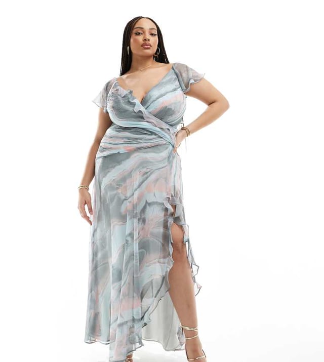 Dresses by ASOS Curve Best dressed: secured Wrap front Ruffle details Zip-back fastening Thigh-high split Regular fitSold By: Asos