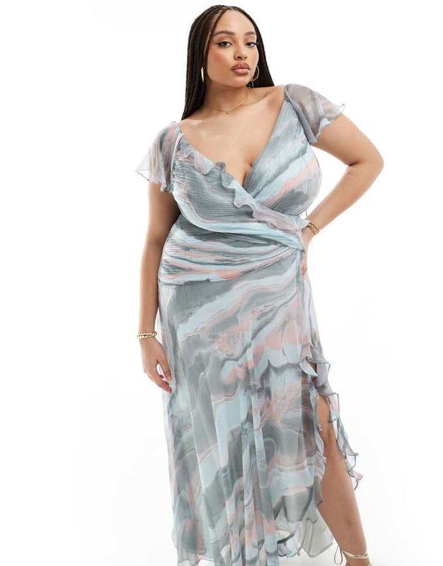 Dresses by ASOS Curve Best dressed: secured Wrap front Ruffle details Zip-back fastening Thigh-high split Regular fitSold By: Asos