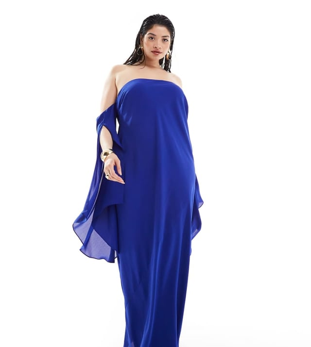 Dresses by ASOS Curve Do get caught wearing it twice Bandeau style Draped split sleeves Zip-side fastening Maxi cut Regular fitSold By: Asos