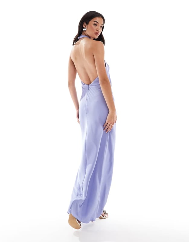 ASOS DESIGN satin halter cross front cut out detail maxi dress in deep lilac