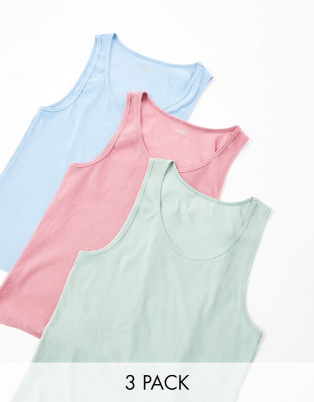 ASOS DESIGN essential 3 pack muscle fit rib vests in multiple colours T-Shirts & Vests by ASOS DESIGN Take it back to basics Pack of three Plain design Round neck Racer back Muscle fitSold By: Asos