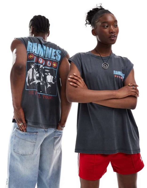 ASOS DESIGN unisex oversized vest with The Ramones graphic prints in washed black Tops by ASOS DESIGN Adding to bag in 3, 2, 1? Crew neck Sleeveless style The Ramones graphic prints Oversized fit Unisex styleSold By: Asos